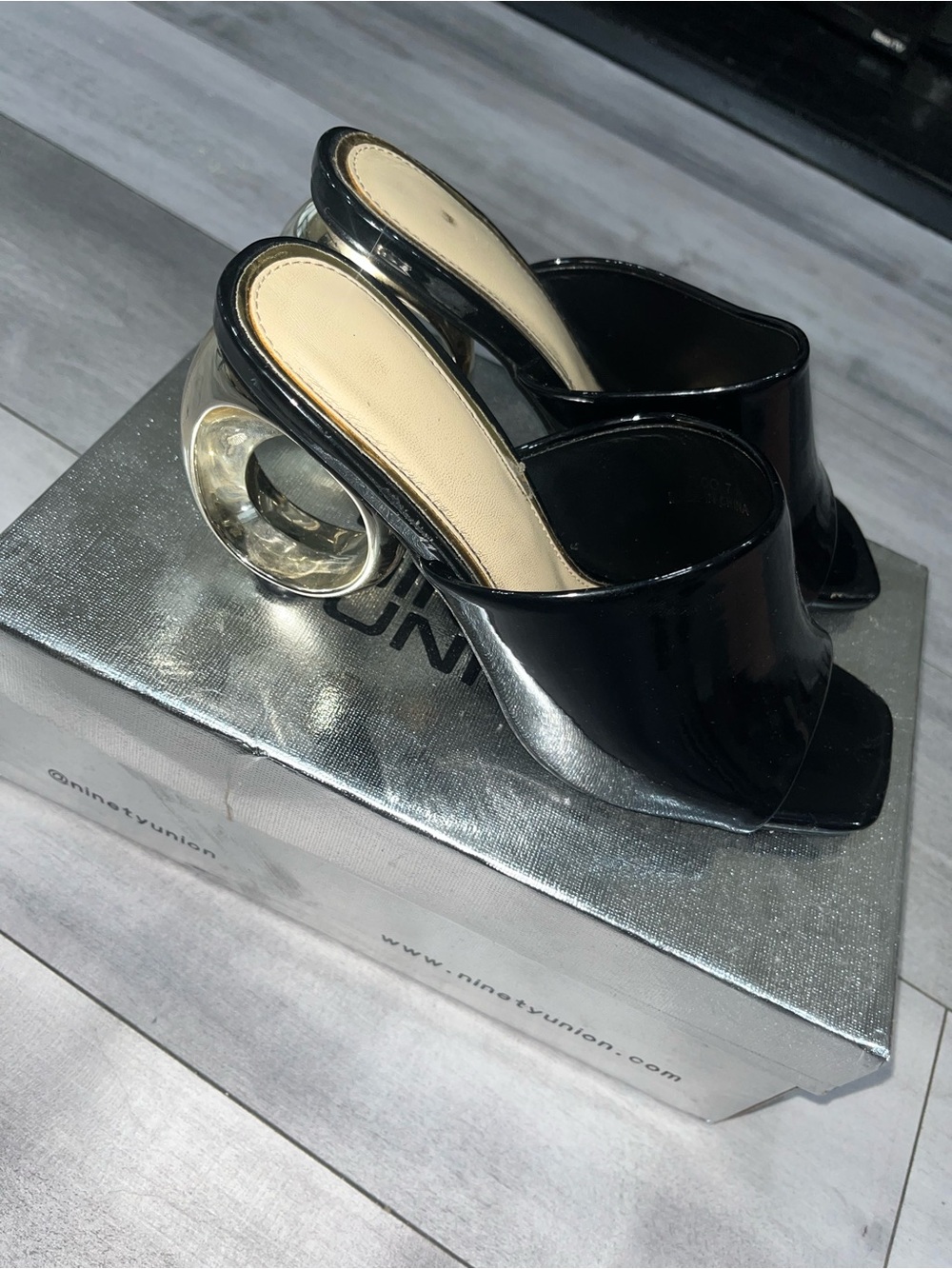 Nine & Co. Black Patent Open-Toe Mules with Clear Ring Heel